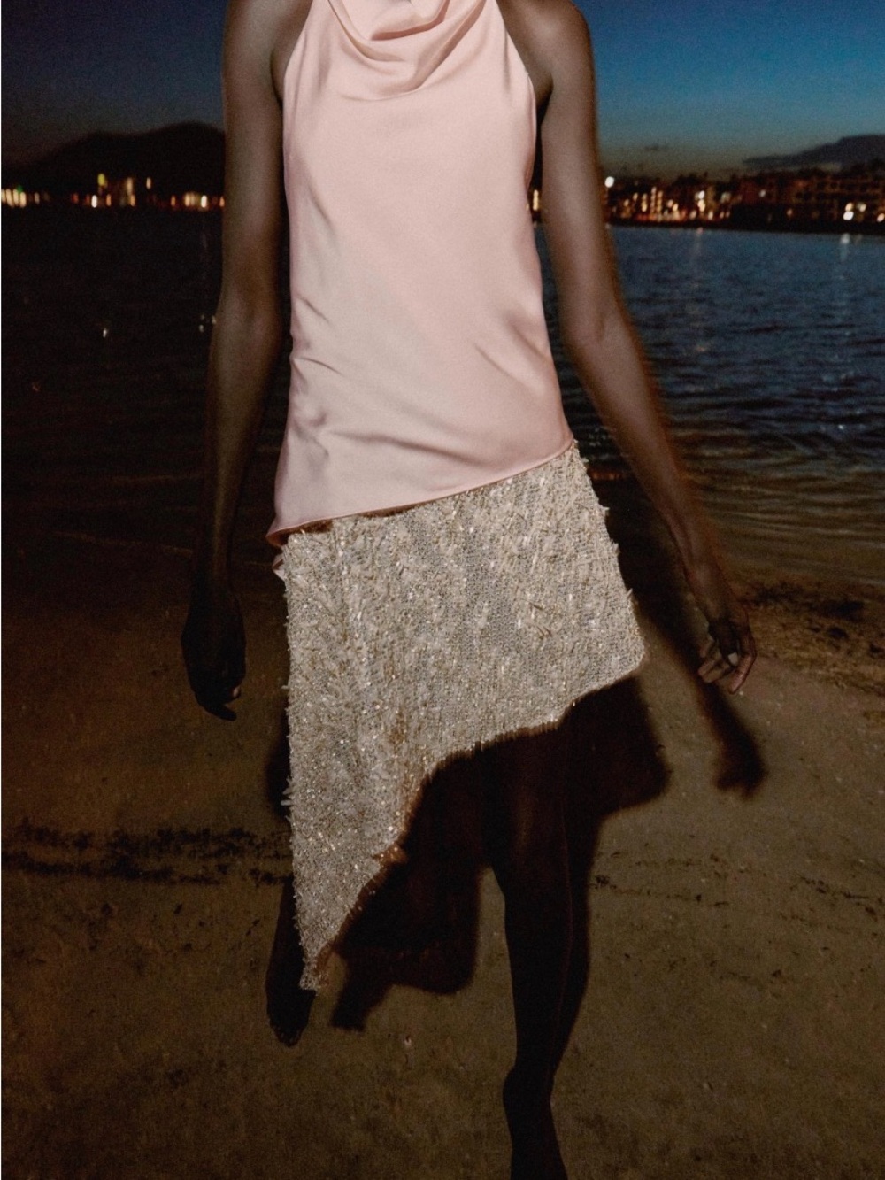 Zara Pink Top with Champagne Asymmetrical Sequin Skirt